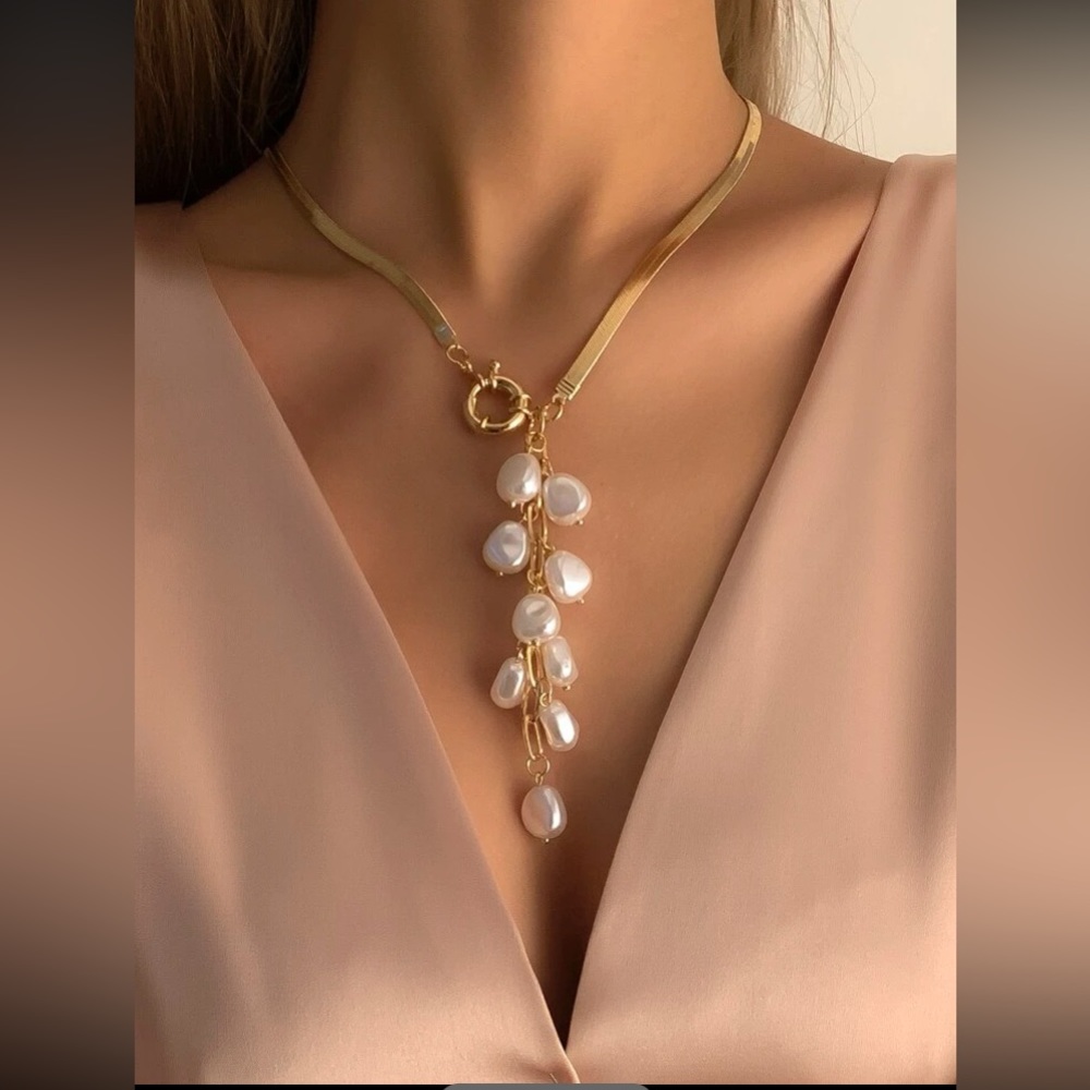 Faux Pearl Tassel Charm Y Lariat Necklace